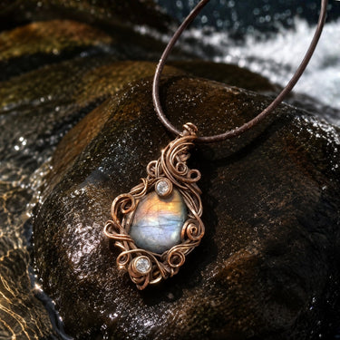 Handcrafted Labradorite & Zircon Copper Wire-Wrapped Pendant