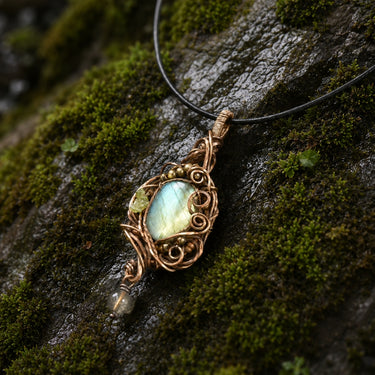 Peridot Bloom Labradorite Wire-Wrapped Pendant Necklace